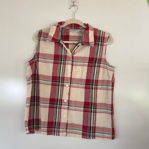 Vintage‎ Sleeveless  Red and cream Plaid Button up Women sz L Cowgirl Gorp core